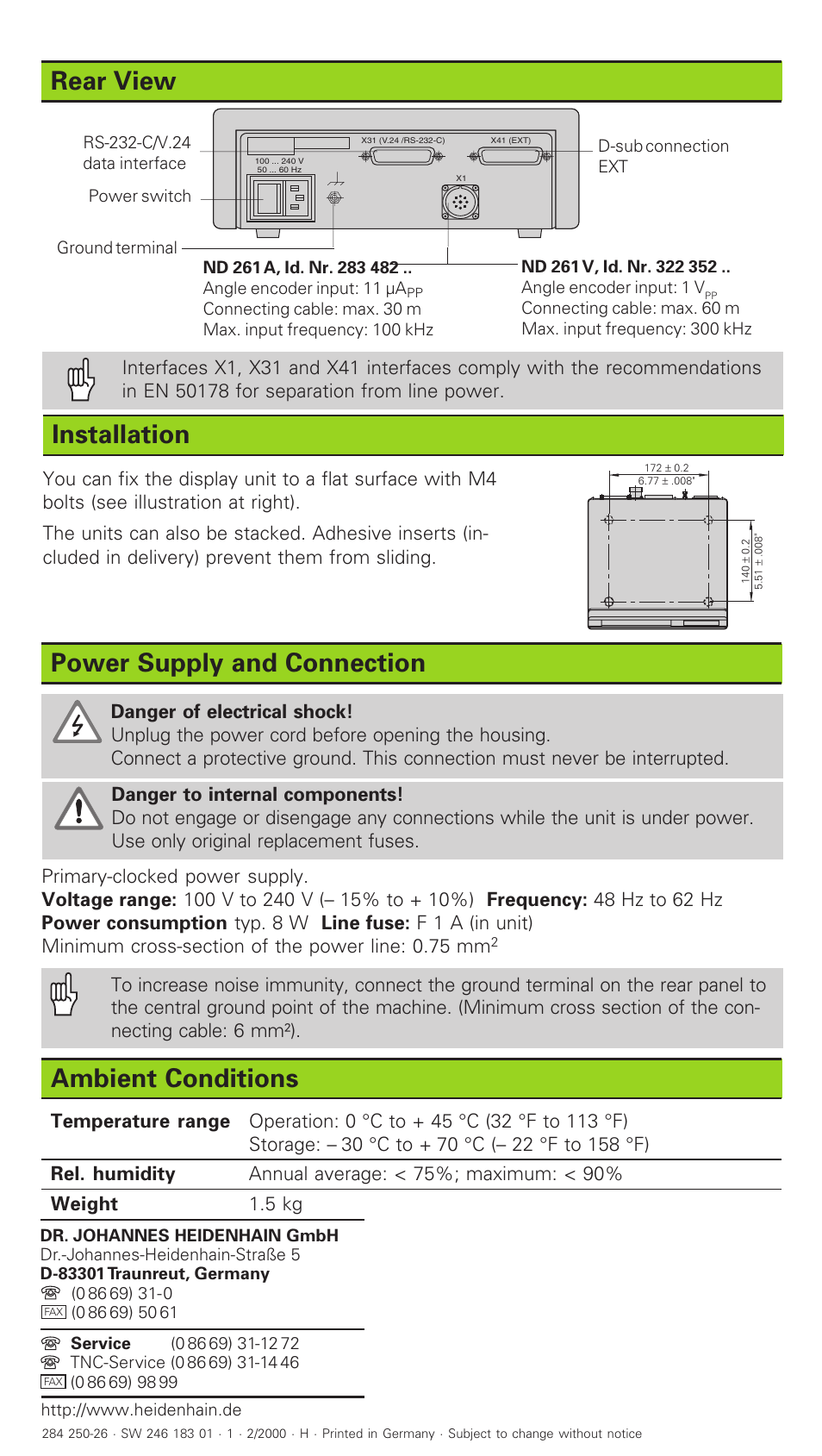 Rear view, Installation, Power supply and connection | Ambient conditions | HEIDENHAIN ND 261 v.2 User Manual | Page 10 / 10