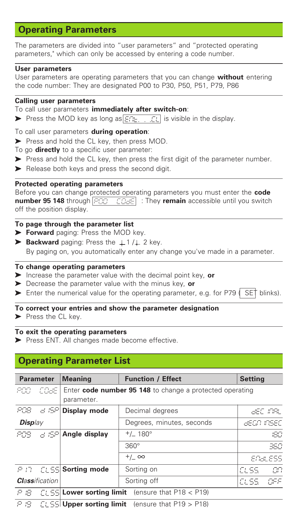 Operating parameters, Operating parameter list | HEIDENHAIN ND 261 v.2 User Manual | Page 7 / 10