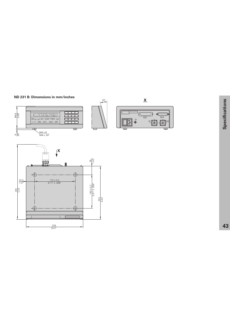 Dimensions, Specifications, Nd 231 b: dimensions in mm/inches | HEIDENHAIN ND 231 B v.1 User Manual | Page 43 / 44