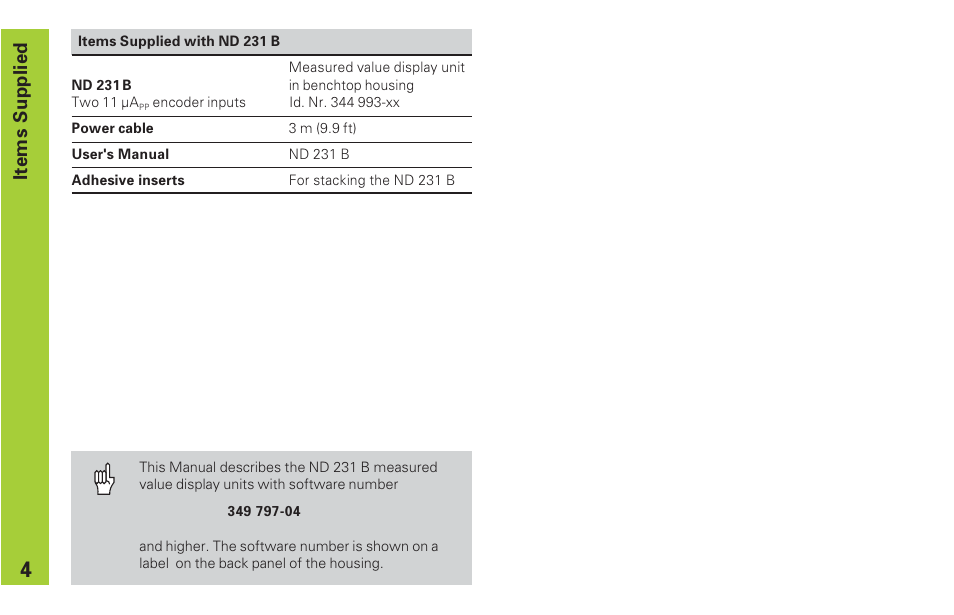 Items supplied | HEIDENHAIN ND 231 B v.2 User Manual | Page 4 / 56