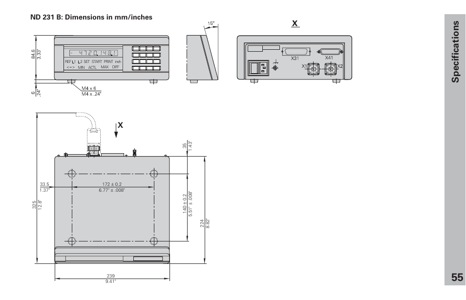 Dimensions, Specifications, Nd 231 b: dimensions in mm/inches | HEIDENHAIN ND 231 B v.2 User Manual | Page 55 / 56