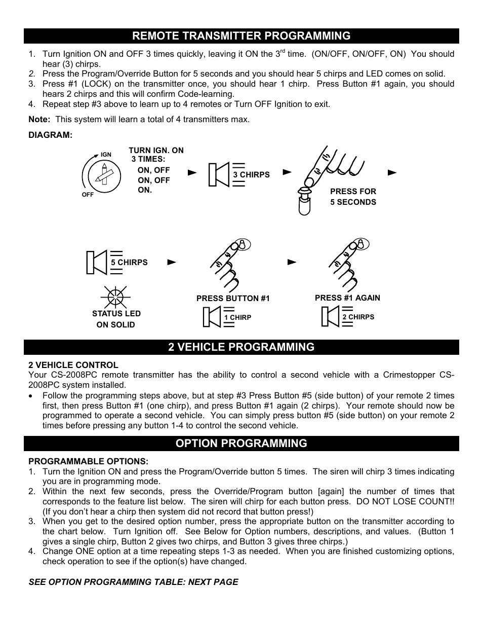 2 vehicle control, Programmable options, Remote transmitter programming | 2 vehicle programming, Option programming | Crimestopper Security Products CS-2008PC User Manual | Page 10 / 19