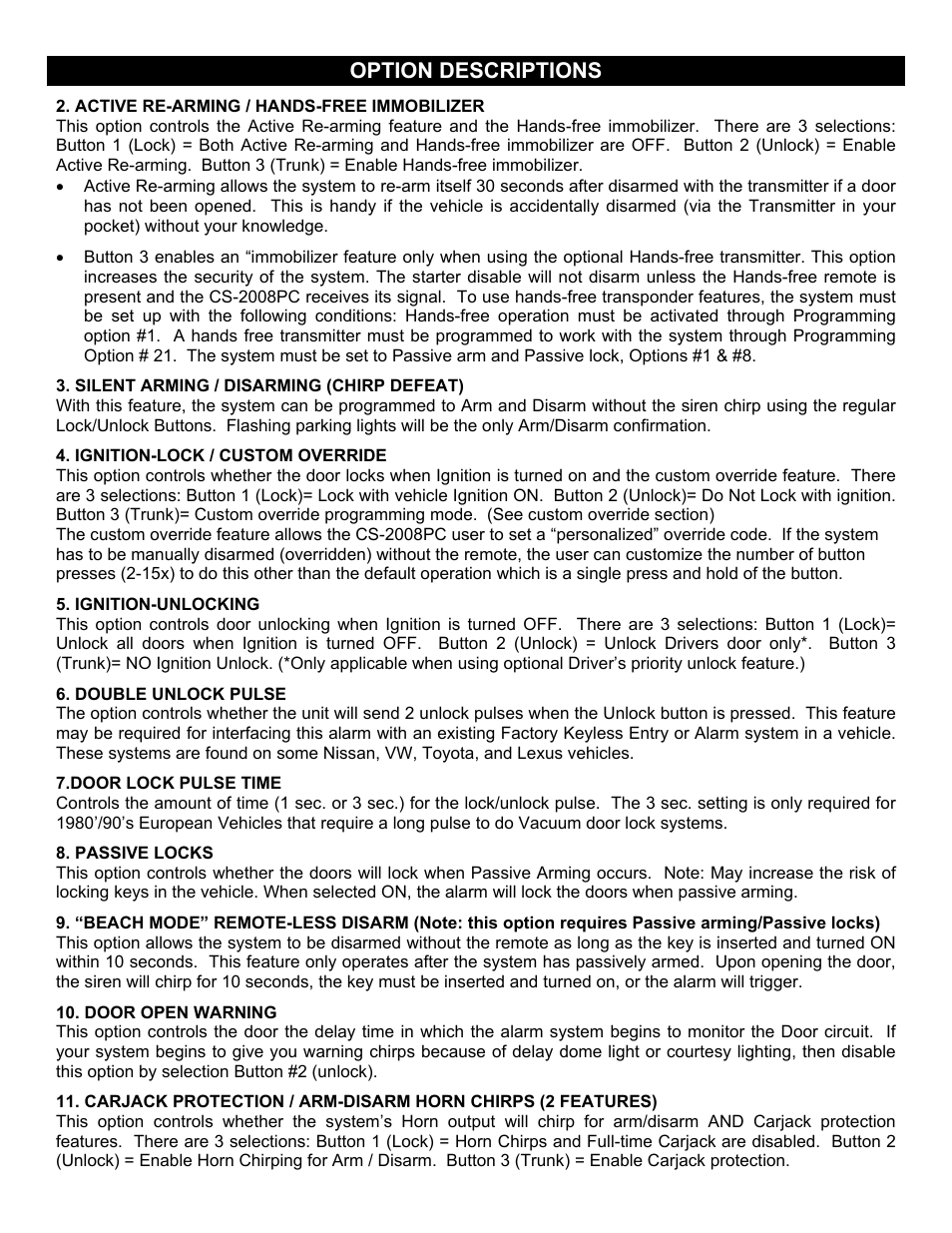 Ignition-lock / custom override, Ignition-unlocking, Double unlock pulse | Door lock pulse time, Option descriptions | Crimestopper Security Products CS-2008PC User Manual | Page 12 / 19