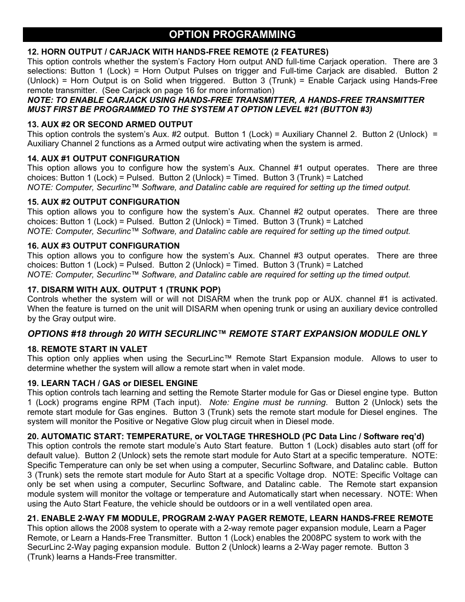 Disarm with aux. output 1 (trunk pop), Options #18 through 20 with securlinc™ remote sta, Remote start in valet | Learn tach / gas or diesel engine, Automatic start: temperature, or voltage thre, Option programming | Crimestopper Security Products CS-2008PC User Manual | Page 13 / 19