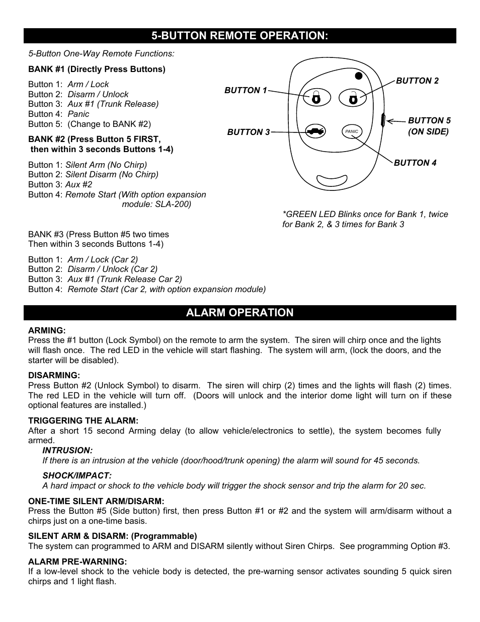 Button 1: arm / lock, Button 1: arm / lock (car 2), Button remote operation | Alarm operation | Crimestopper Security Products CS-2008PC User Manual | Page 17 / 19
