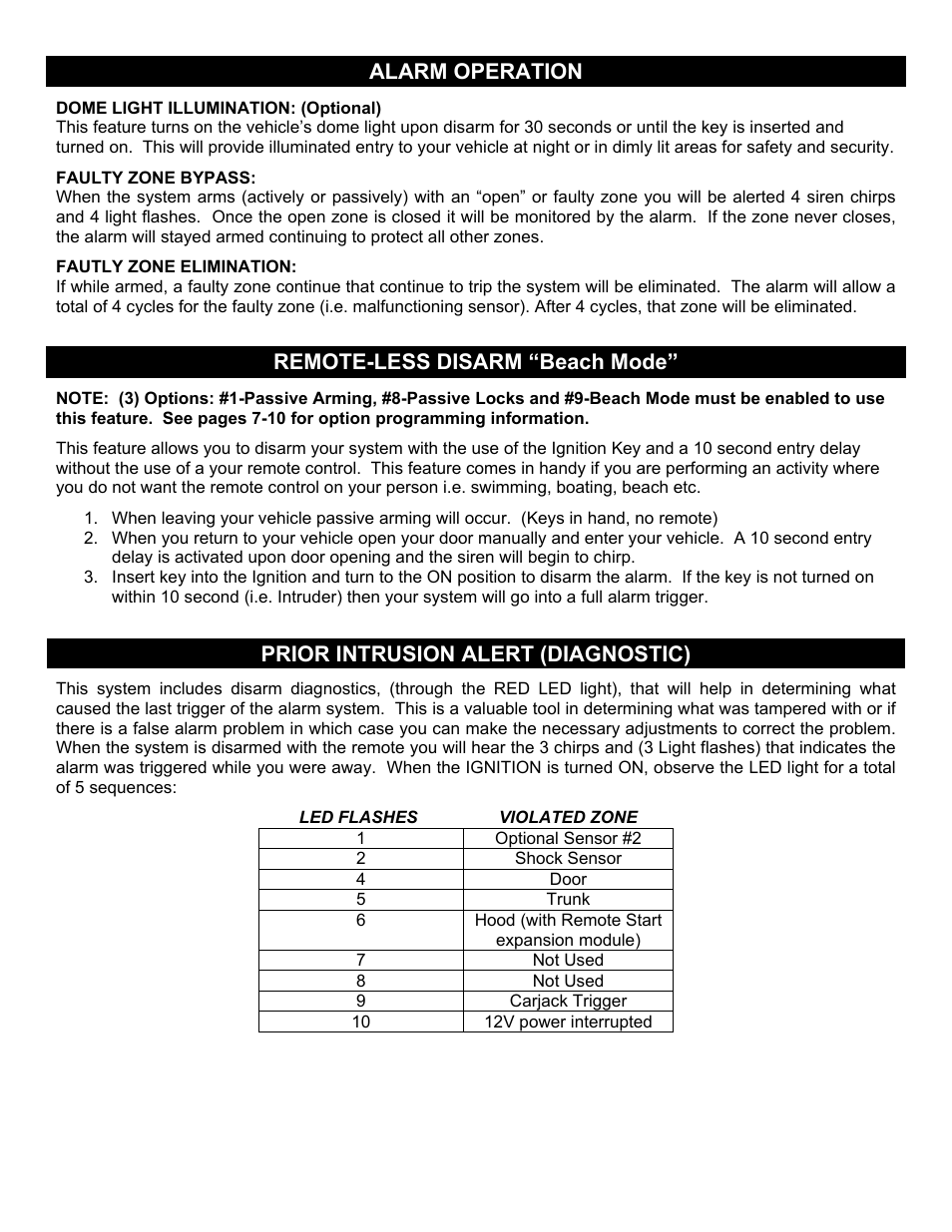 Alarm operation, Remote-less disarm “beach mode, Prior intrusion alert (diagnostic) | Crimestopper Security Products CS-2008PC User Manual | Page 19 / 19