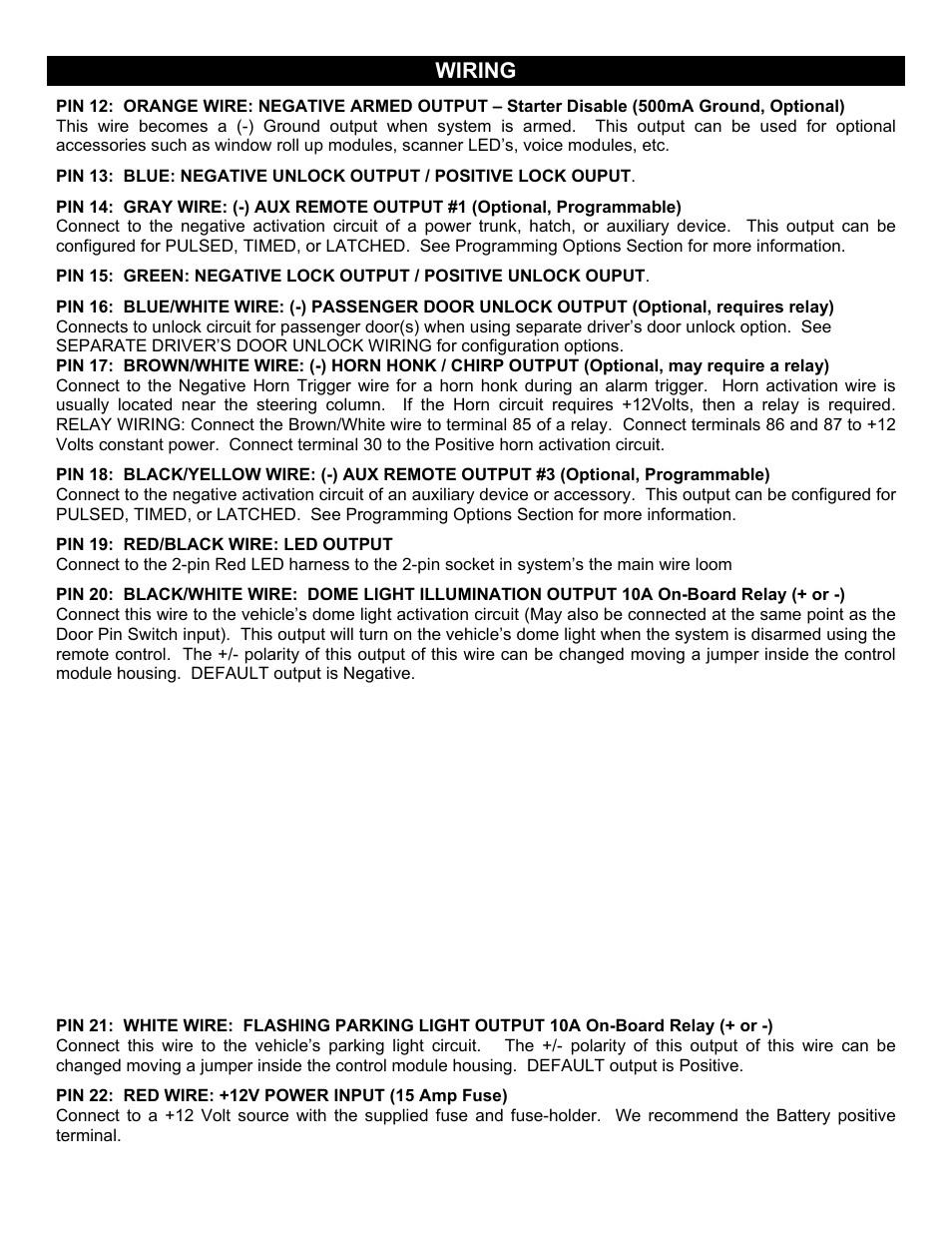 Pin 12: orange wire: negative armed output – sta, Wiring | Crimestopper Security Products CS-2008PC User Manual | Page 4 / 19