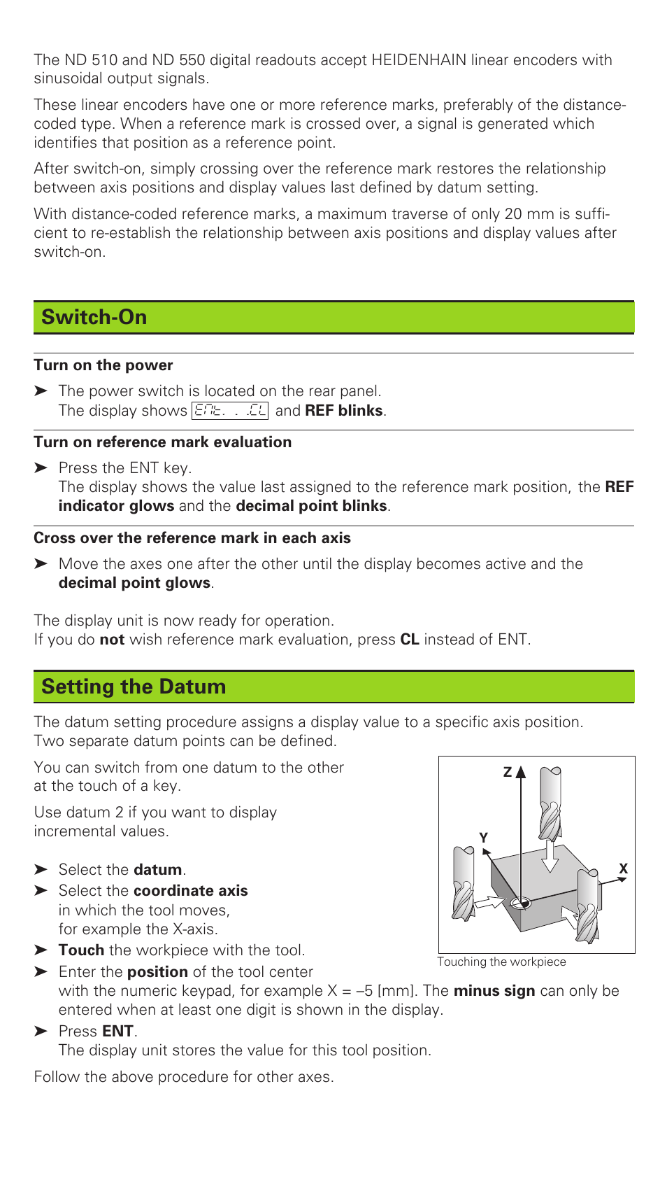 Switch-on, Setting the datum | HEIDENHAIN ND 510 v.2 User Manual | Page 2 / 8