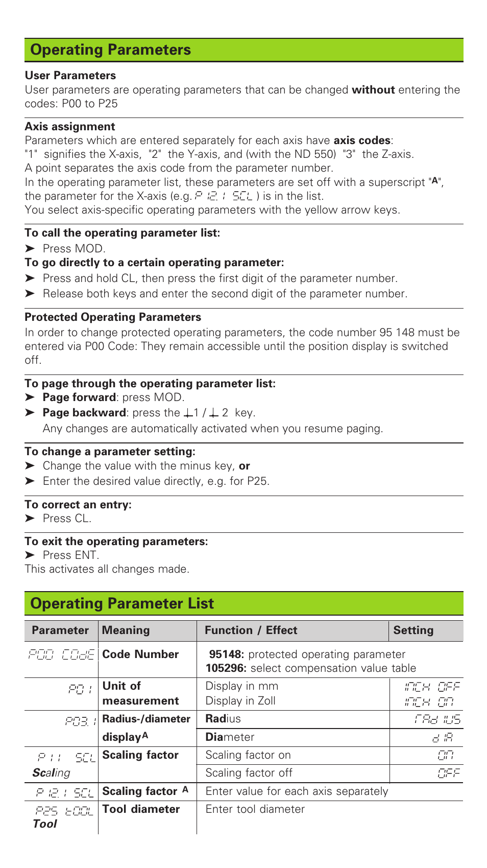 Operating parameters, Operating parameter list | HEIDENHAIN ND 510 v.2 User Manual | Page 6 / 8