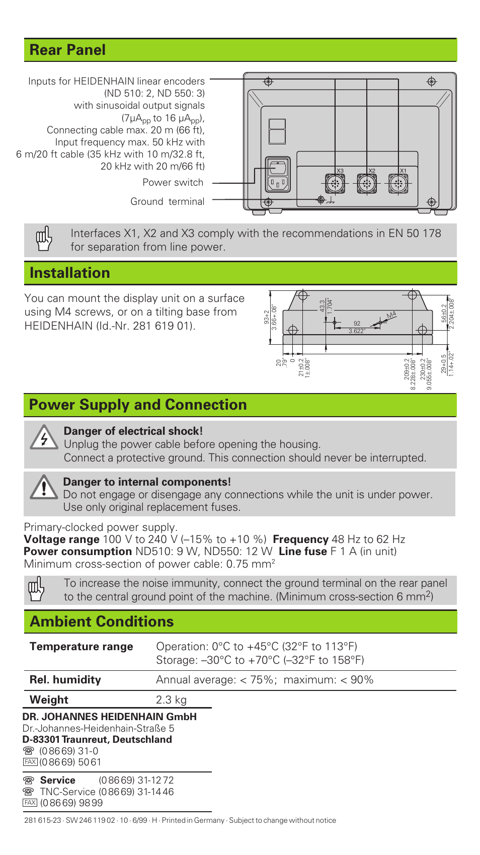 Rear panel, Installation, Power supply and connection | Ambient conditions | HEIDENHAIN ND 510 v.2 User Manual | Page 8 / 8