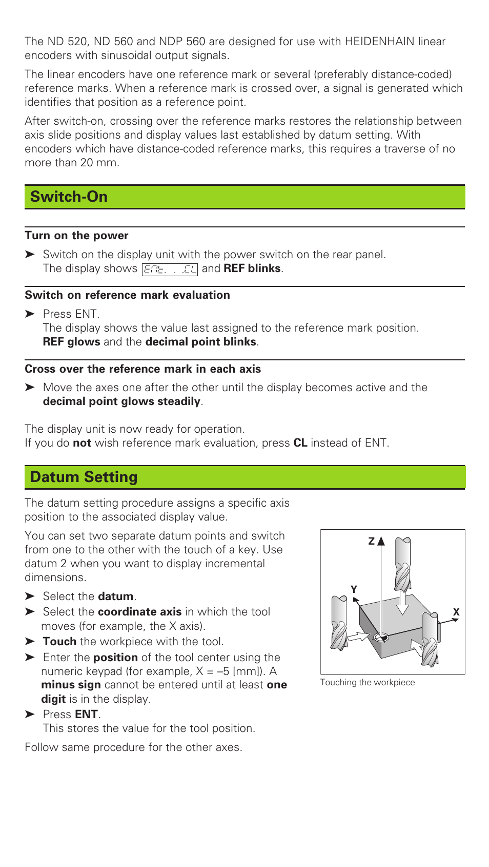 Switch-on, Datum setting | HEIDENHAIN ND 520 User Manual | Page 2 / 10