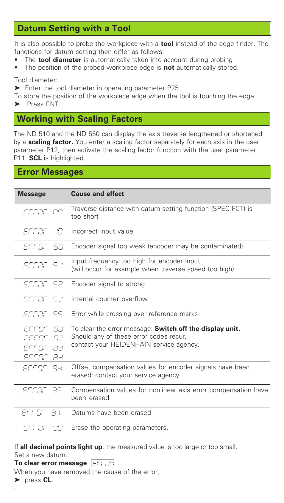Datum setting with a tool, Working with scaling factors, Error messages | HEIDENHAIN ND 520 User Manual | Page 4 / 10