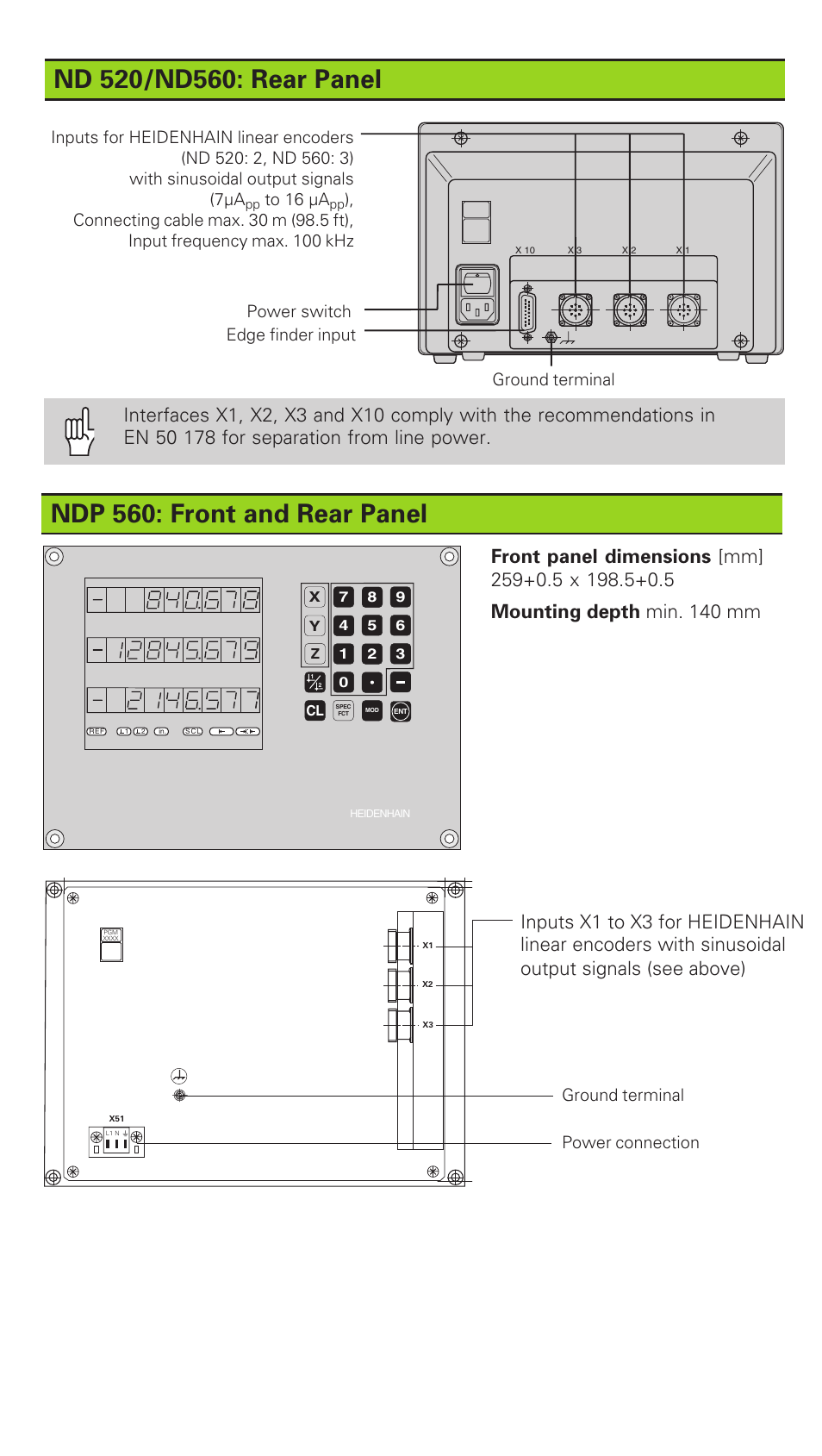 Ndp 560: front and rear panel, Ground terminal power connection, Ground terminal | HEIDENHAIN ND 520 User Manual | Page 9 / 10