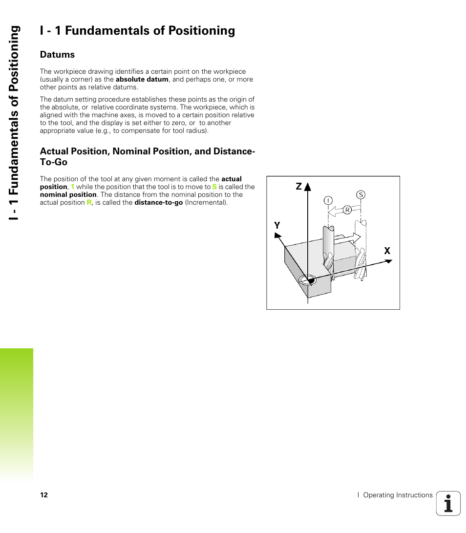 I - 1 fundamentals of positioning, Datums | HEIDENHAIN ND 522 User Manual | Page 12 / 93