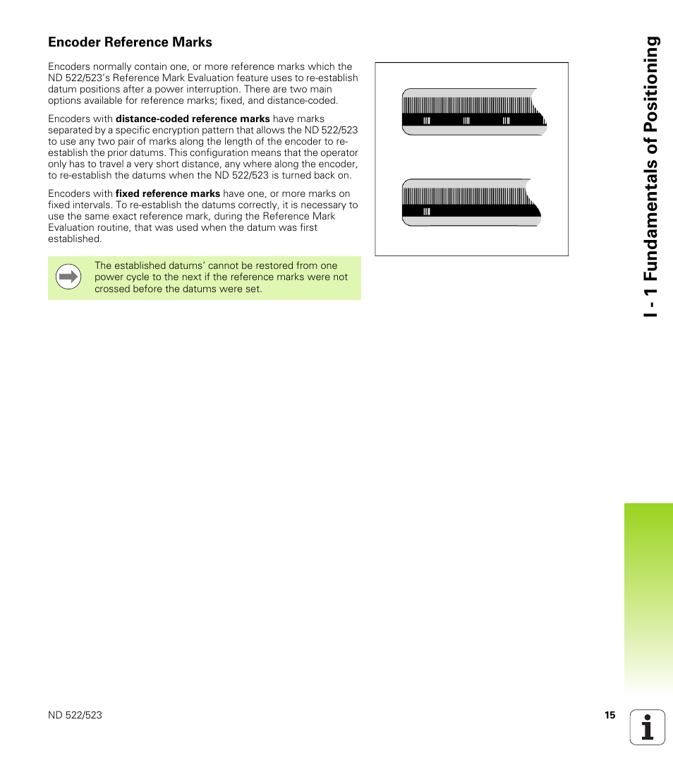 Encoder reference marks, I - 1 fundamentals of po sitioning | HEIDENHAIN ND 522 User Manual | Page 15 / 93