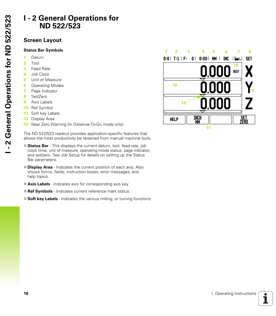 I - 2 general operations for nd 522/523, Screen layout | HEIDENHAIN ND 522 User Manual | Page 16 / 93