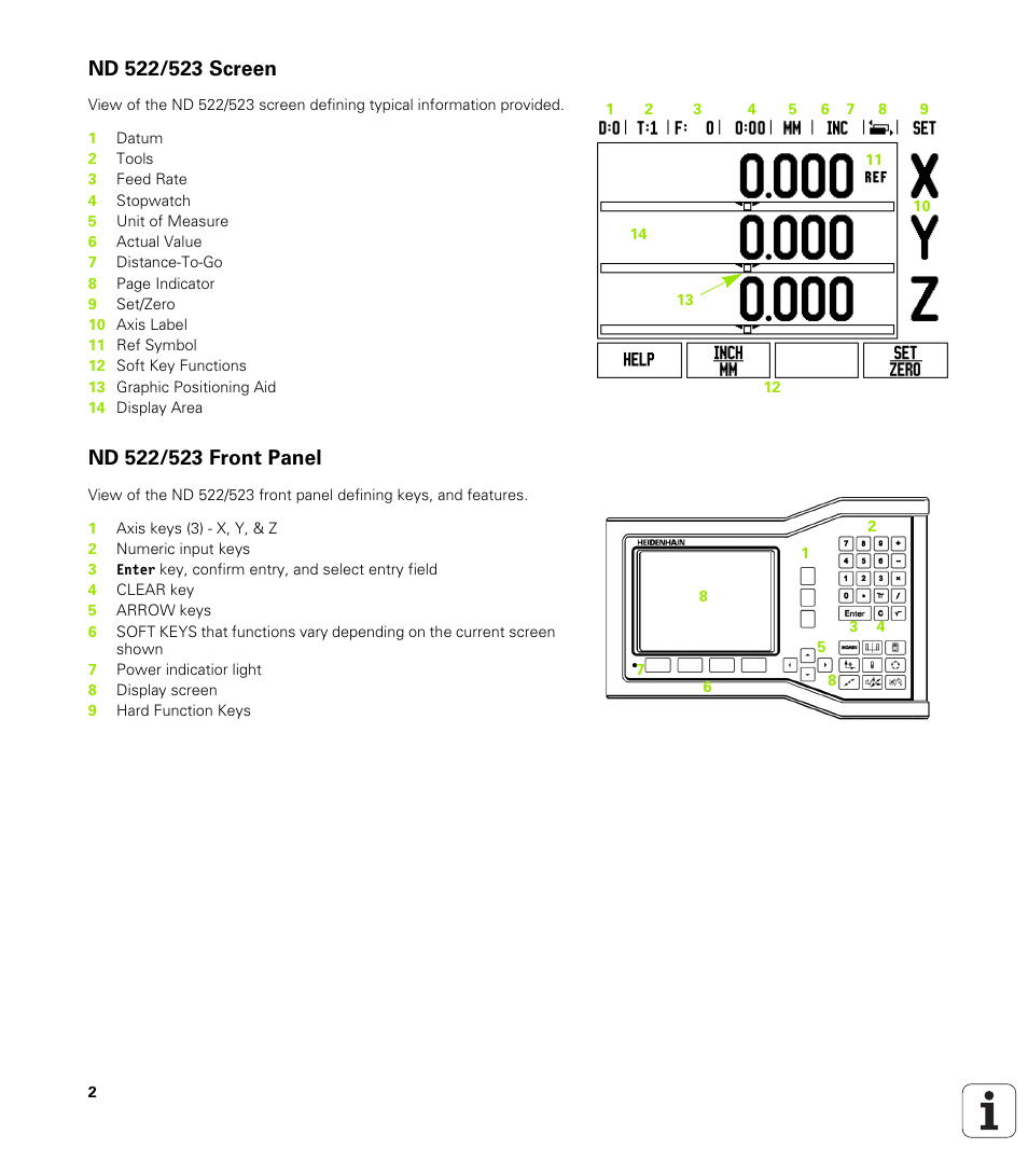 Nd 522/523 screen, Nd 522/523 front panel | HEIDENHAIN ND 522 User Manual | Page 2 / 93