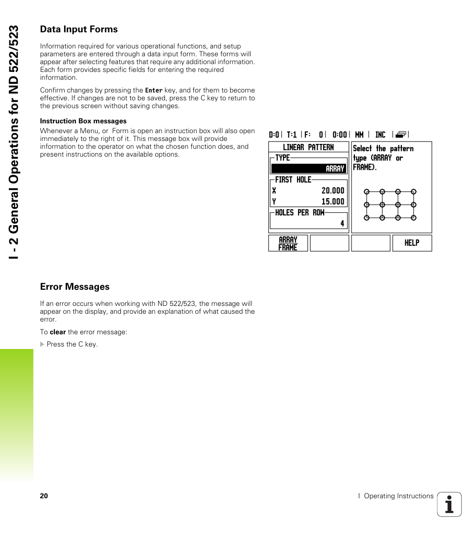 Data input forms, Error messages, Instruction box messages | HEIDENHAIN ND 522 User Manual | Page 20 / 93