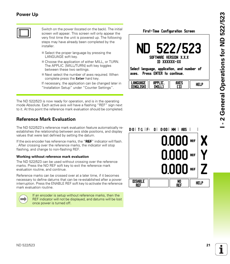Power up, Reference mark evaluation, Power up reference mark evaluation | Working without reference mark evaluation | HEIDENHAIN ND 522 User Manual | Page 21 / 93