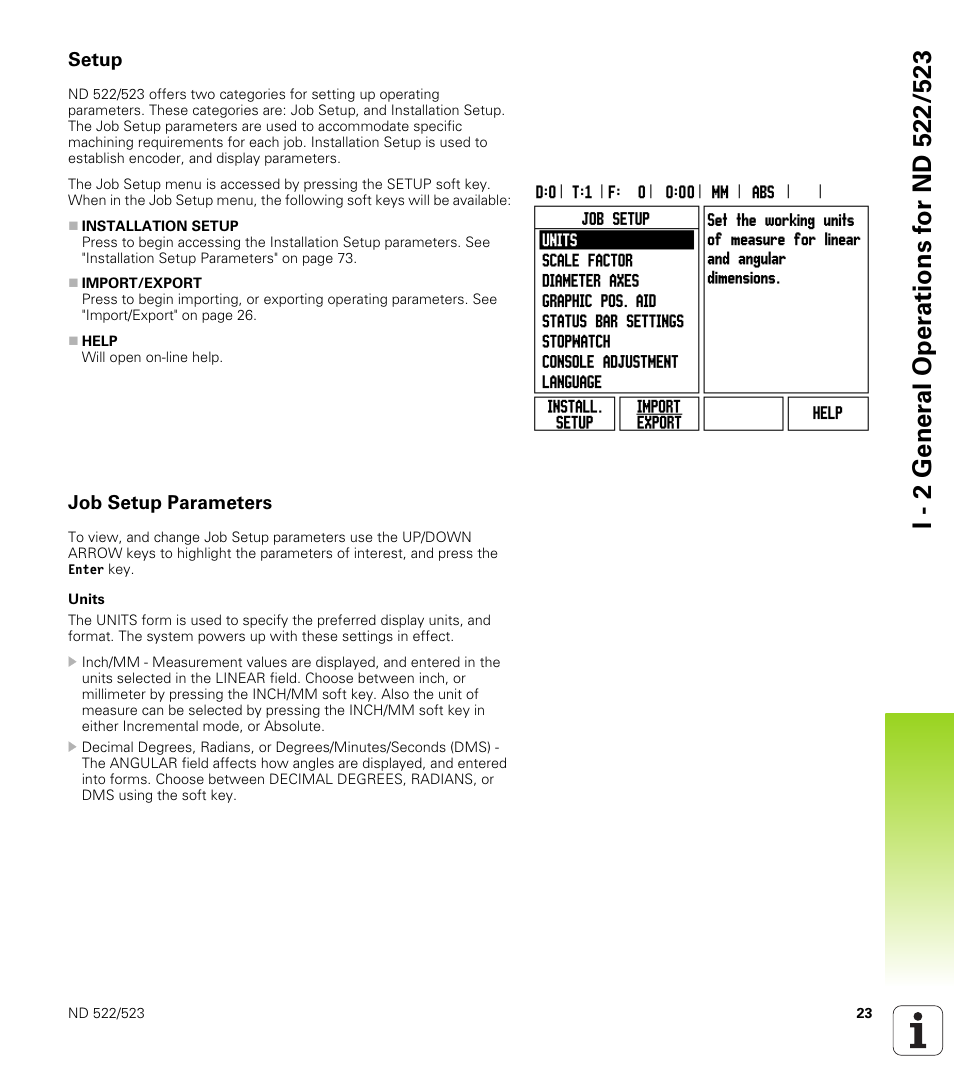 Setup, Job setup parameters, Setup job setup parameters | Units | HEIDENHAIN ND 522 User Manual | Page 23 / 93