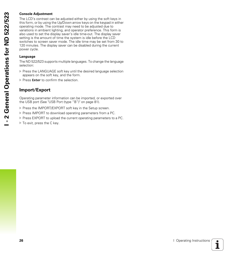 Import/export, Console adjustment language | HEIDENHAIN ND 522 User Manual | Page 26 / 93