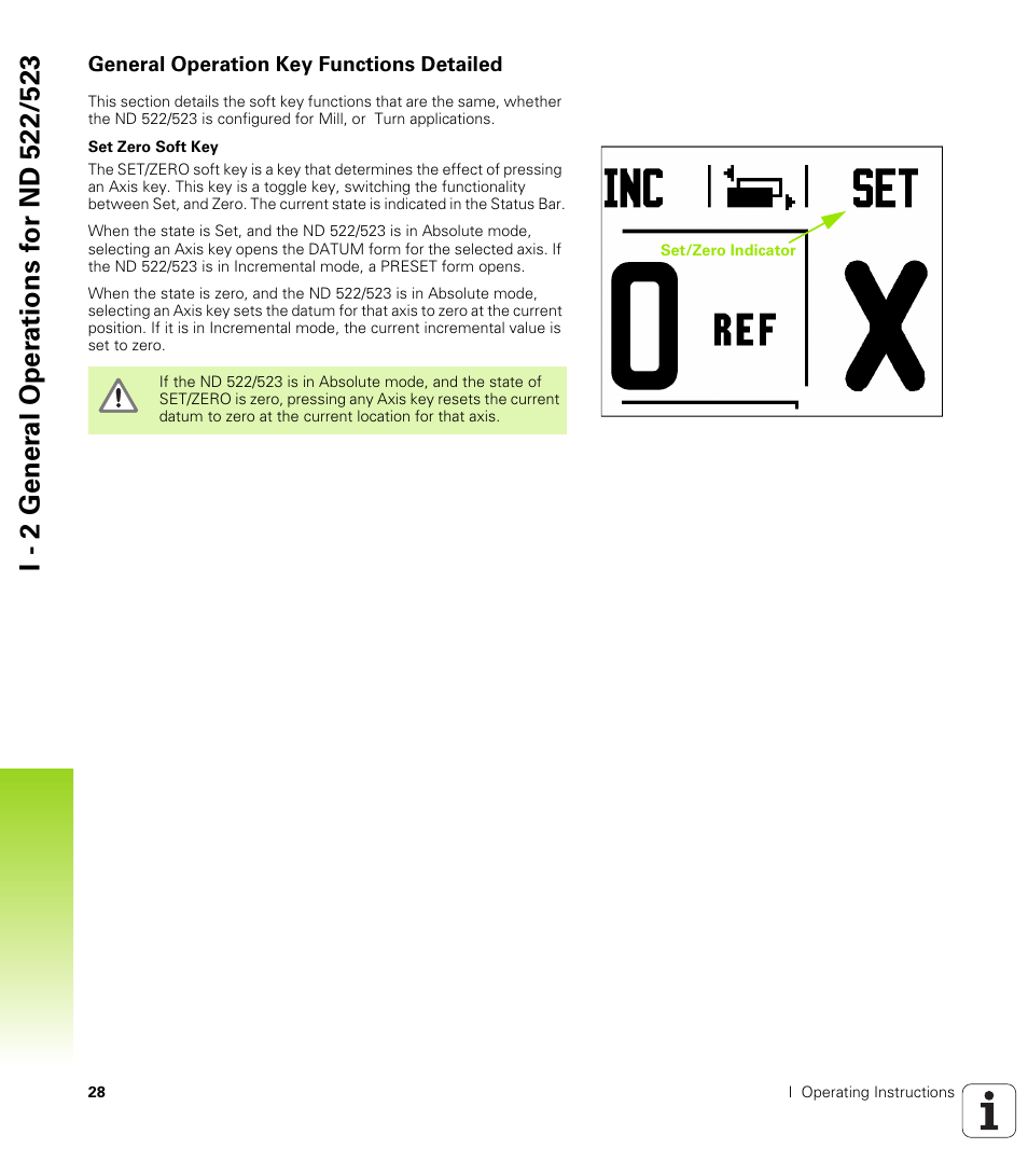 General operation key functions detailed, Set zero soft key | HEIDENHAIN ND 522 User Manual | Page 28 / 93