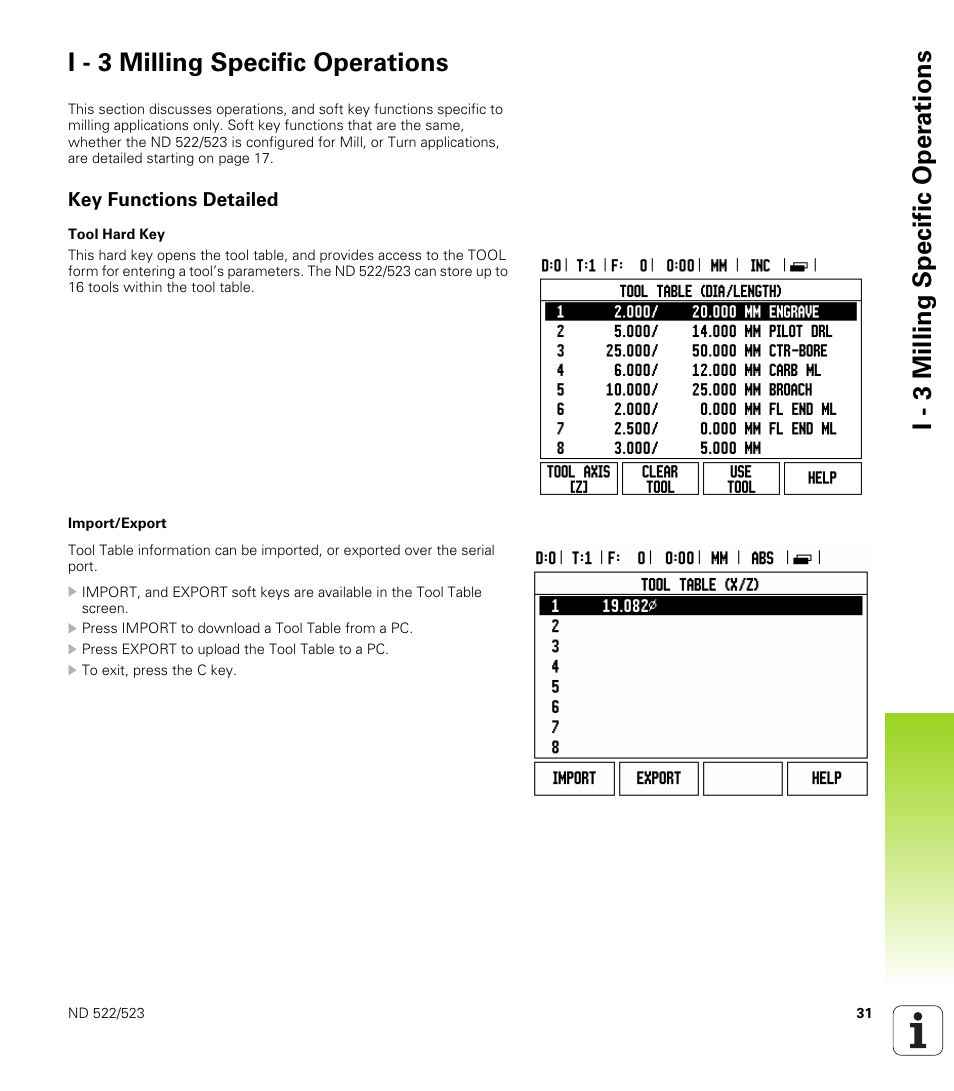 I - 3 milling specific operations, Key functions detailed, Tool hard key import/export | HEIDENHAIN ND 522 User Manual | Page 31 / 93