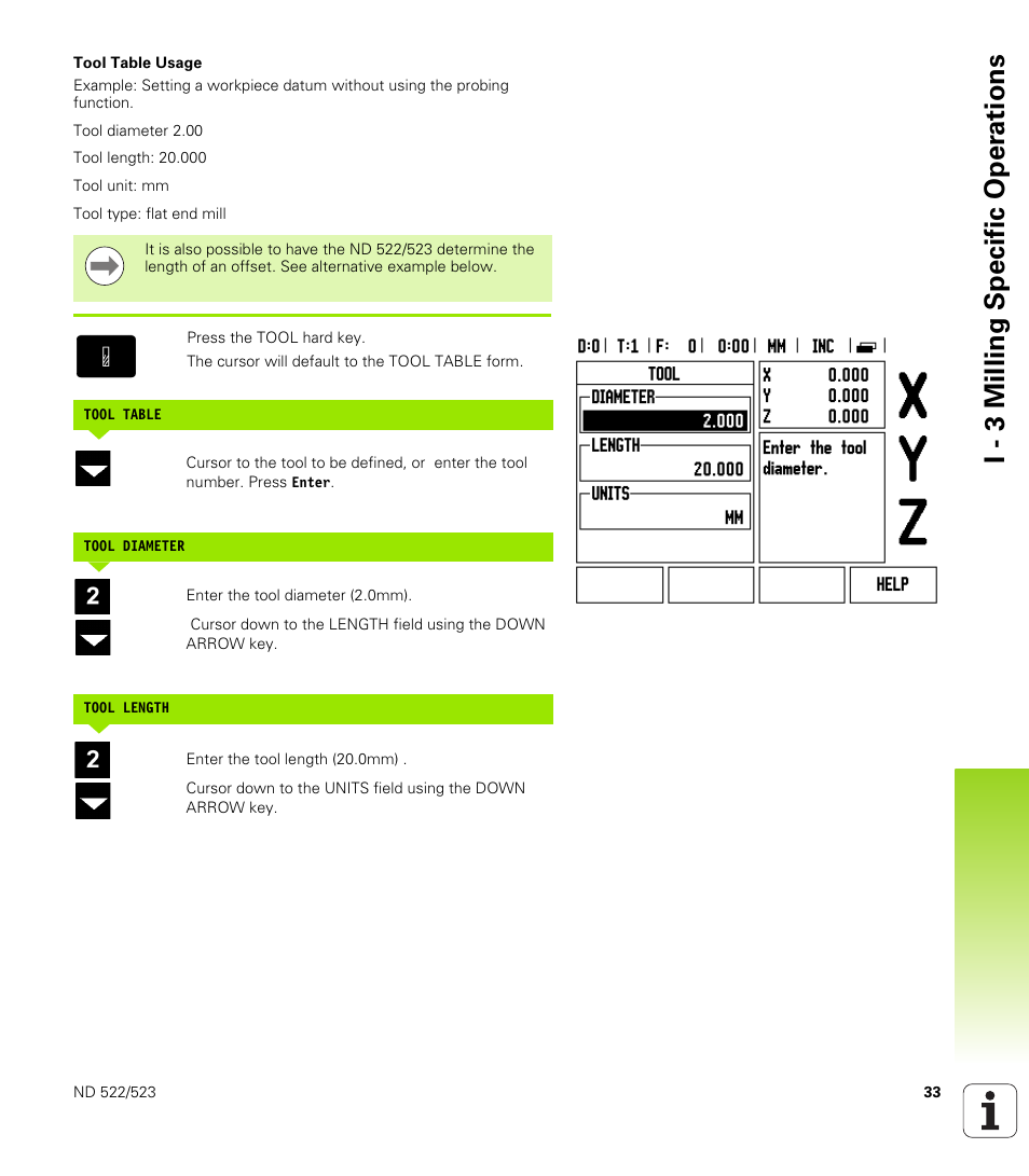 Tool table usage, I - 3 milling specific oper ations | HEIDENHAIN ND 522 User Manual | Page 33 / 93