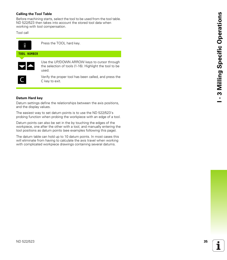 Calling the tool table datum hard key, I - 3 milling specific oper ations | HEIDENHAIN ND 522 User Manual | Page 35 / 93