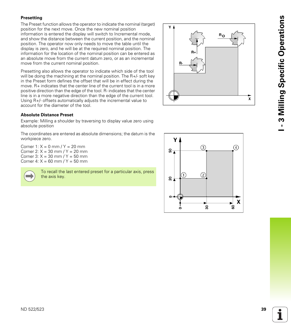 Presetting absolute distance preset, I - 3 milling specific oper ations | HEIDENHAIN ND 522 User Manual | Page 39 / 93