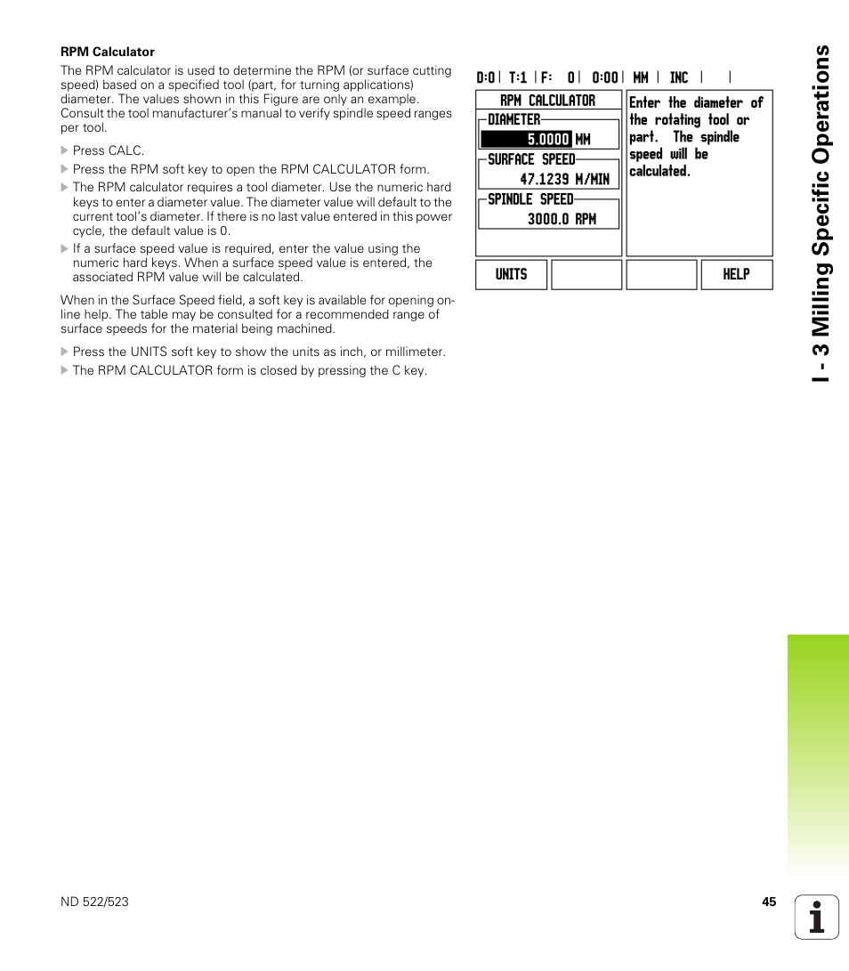 Rpm calculator, I - 3 milling specific oper ations | HEIDENHAIN ND 522 User Manual | Page 45 / 93