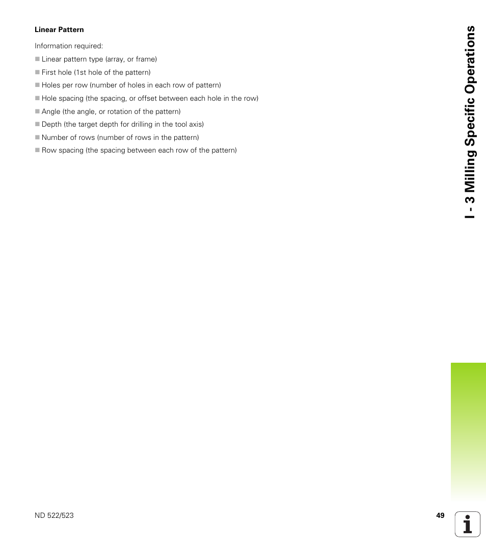 Linear pattern, I - 3 milling specific oper ations | HEIDENHAIN ND 522 User Manual | Page 49 / 93