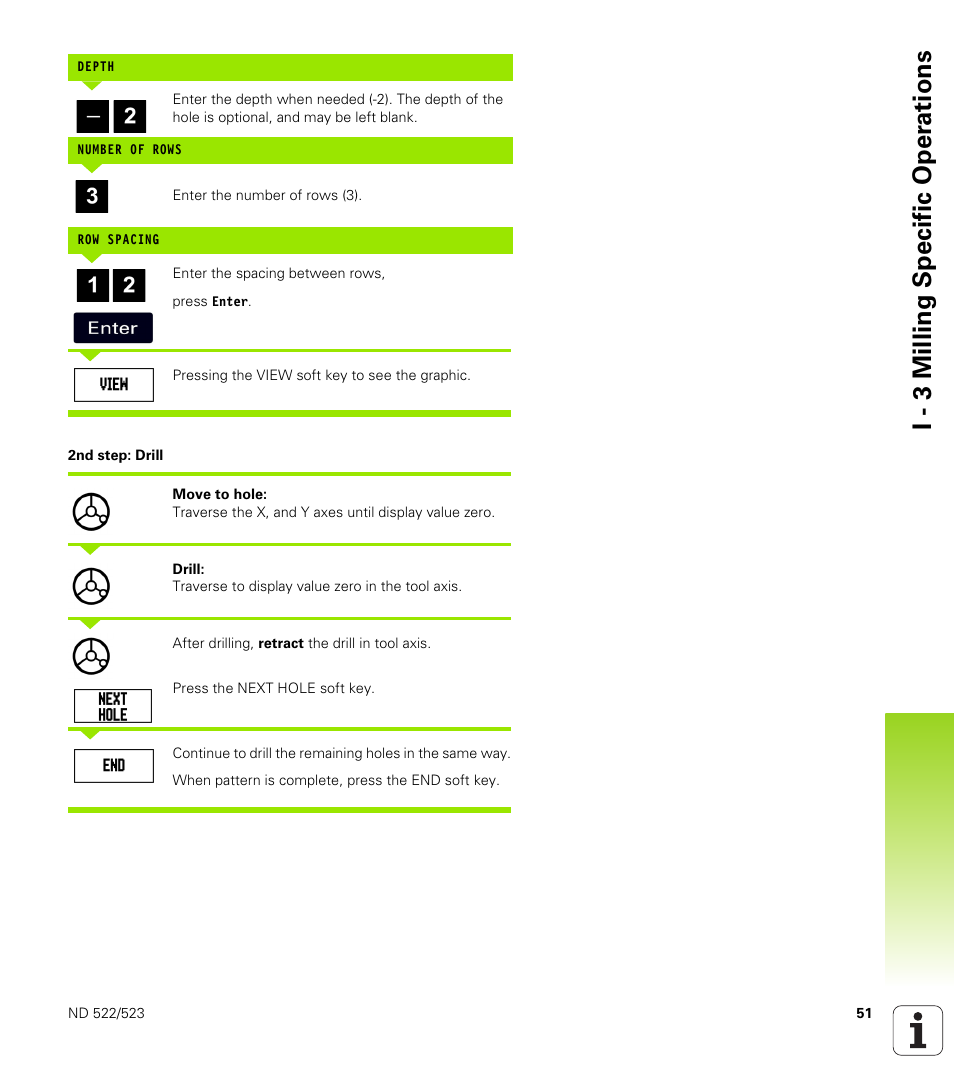 2nd step: drill, I - 3 milling specific oper ations | HEIDENHAIN ND 522 User Manual | Page 51 / 93