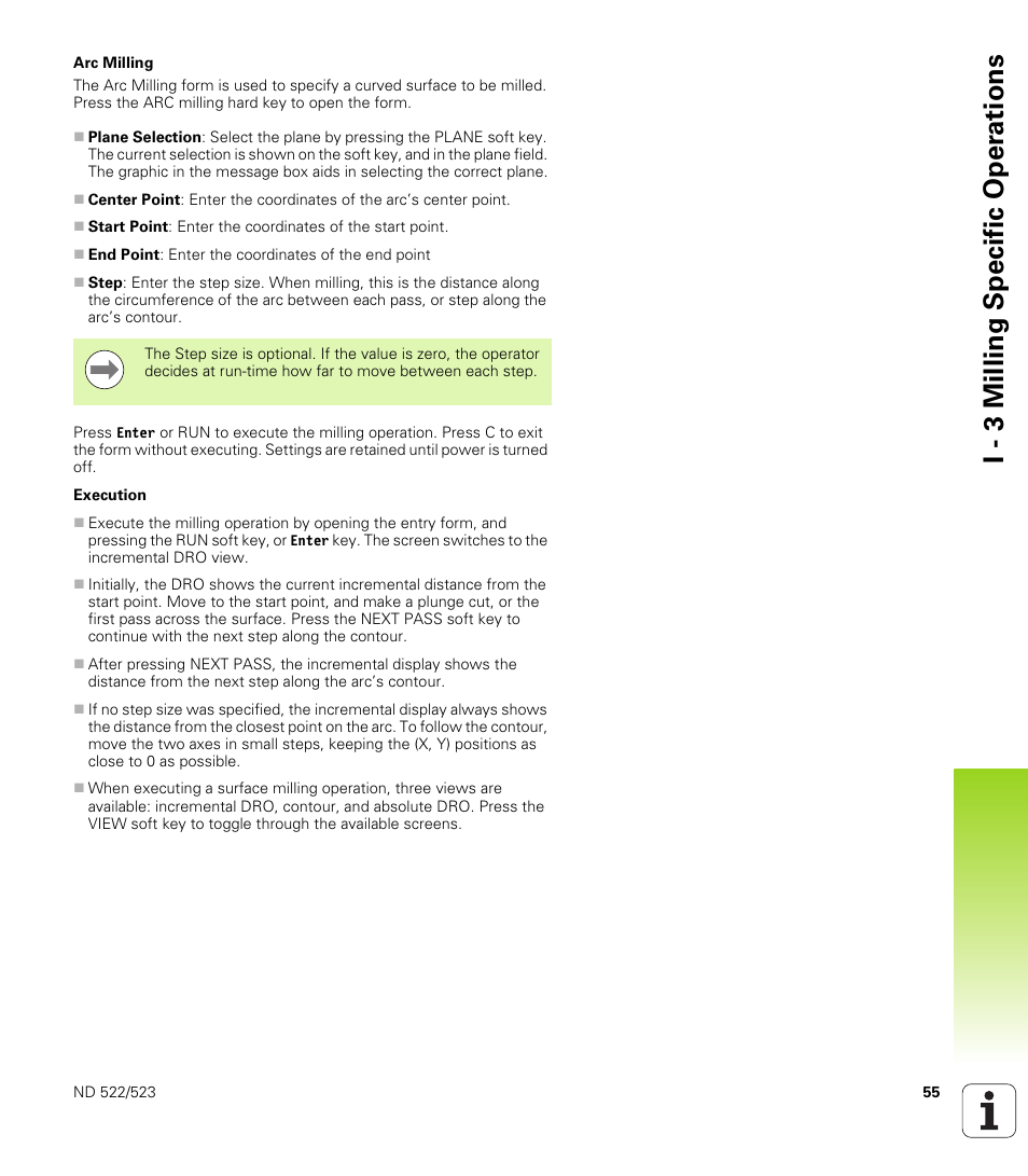 Arc milling, I - 3 milling specific oper ations | HEIDENHAIN ND 522 User Manual | Page 55 / 93