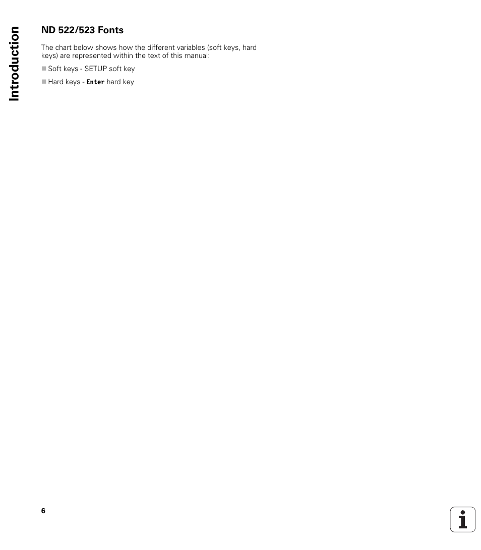 Nd 522/523 fonts, Intr oduction | HEIDENHAIN ND 522 User Manual | Page 6 / 93