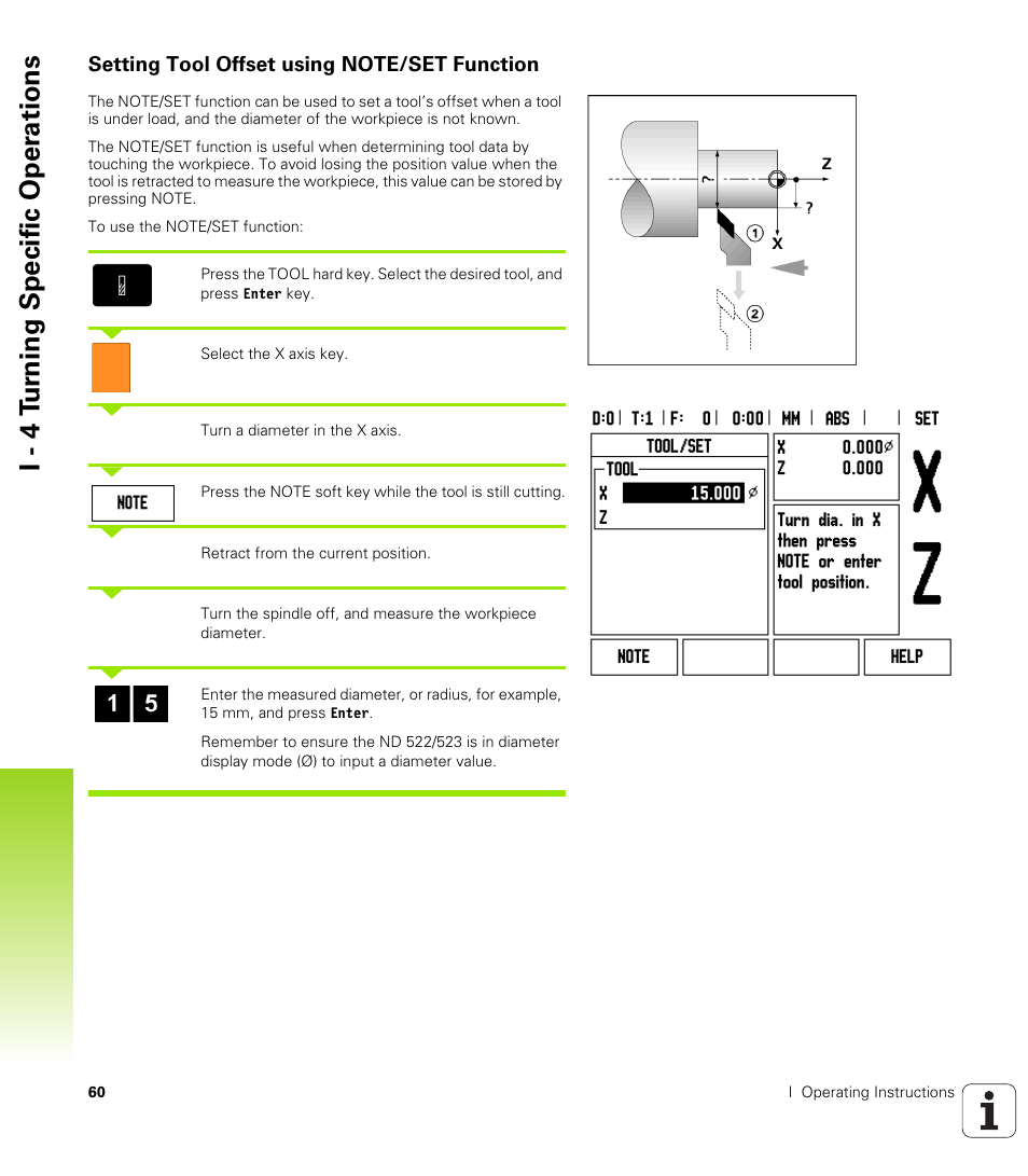 Setting tool offset using note/set function, I - 4 tu rn ing specific oper ations | HEIDENHAIN ND 522 User Manual | Page 60 / 93