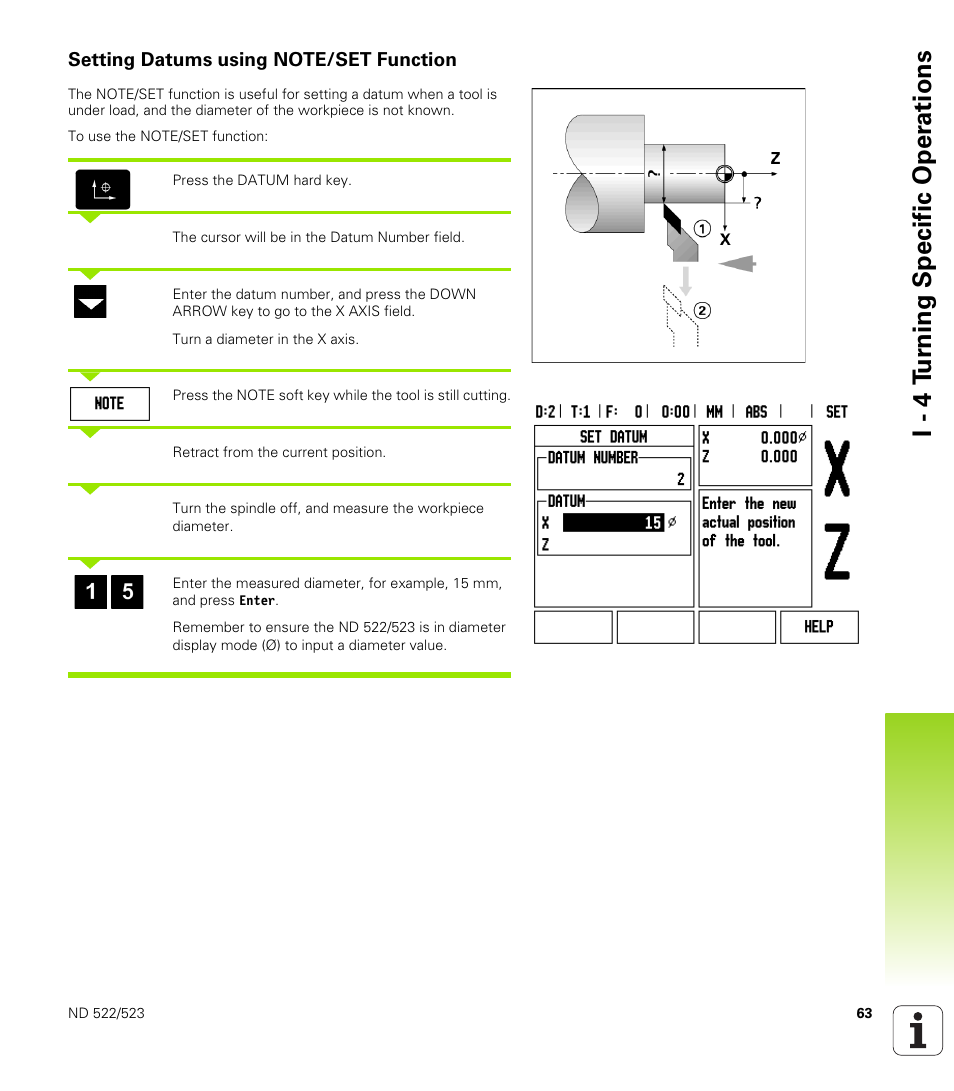 Setting datums using note/set function, I - 4 tu rn ing specific oper ations | HEIDENHAIN ND 522 User Manual | Page 63 / 93