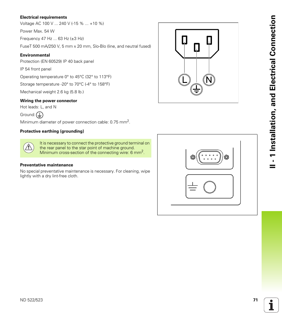 Ii - 1 installation, and electr ical connection | HEIDENHAIN ND 522 User Manual | Page 71 / 93