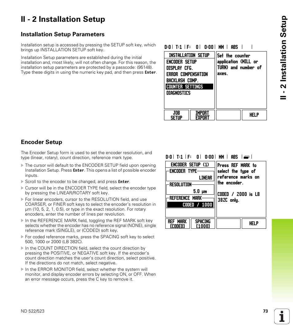 Ii - 2 installation setup, Installation setup parameters, Encoder setup | Installation setup parameters encoder setup, Parameters. see | HEIDENHAIN ND 522 User Manual | Page 73 / 93