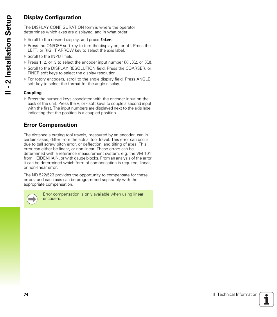 Display configuration, Error compensation, Coupling | Ii - 2 installation set u p | HEIDENHAIN ND 522 User Manual | Page 74 / 93