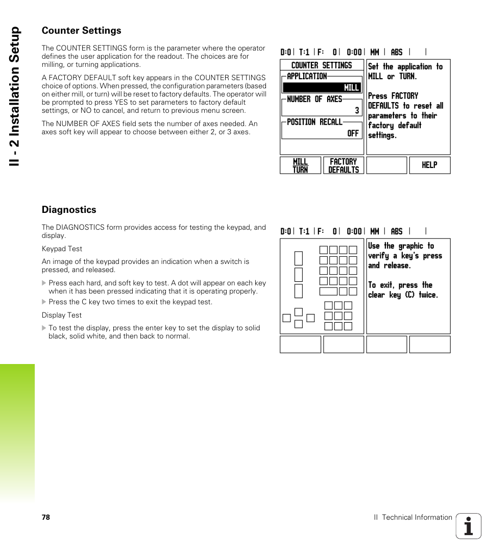 Counter settings, Diagnostics, Counter settings diagnostics | Ii - 2 installation set u p | HEIDENHAIN ND 522 User Manual | Page 78 / 93