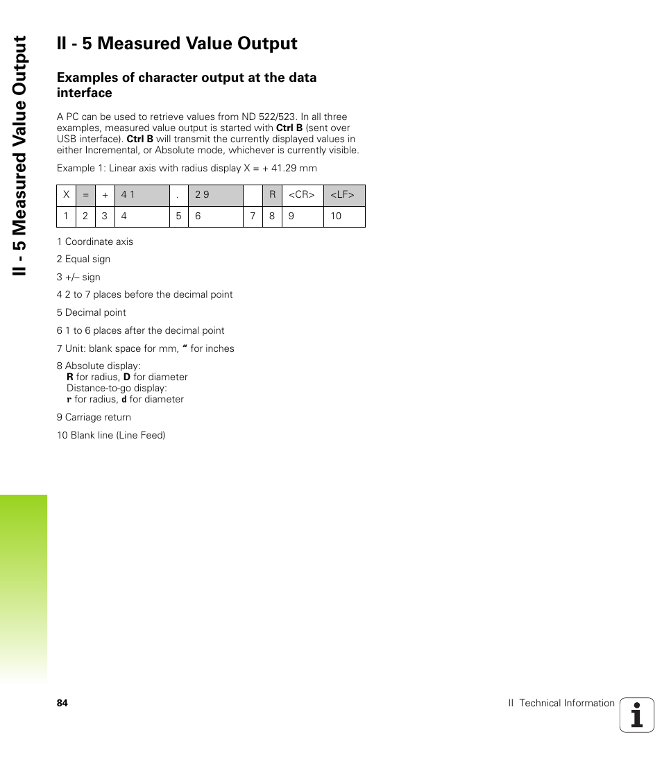 Ii - 5 measured value output, Examples of character output at the data interface | HEIDENHAIN ND 522 User Manual | Page 84 / 93