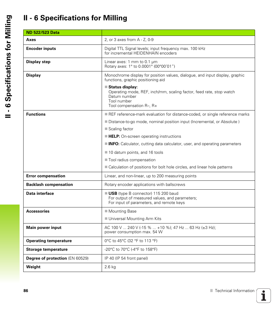 Ii - 6 specifications for milling | HEIDENHAIN ND 522 User Manual | Page 86 / 93