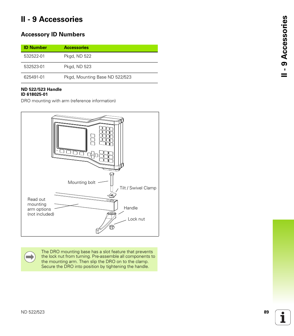 Ii - 9 accessories, Accessory id numbers, Nd 522/523 handle id 618025-01 | Ii - 9 a c cessor ies ii - 9 accessories | HEIDENHAIN ND 522 User Manual | Page 89 / 93