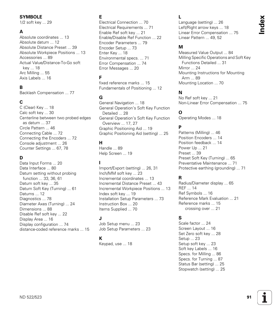 Index | HEIDENHAIN ND 522 User Manual | Page 91 / 93