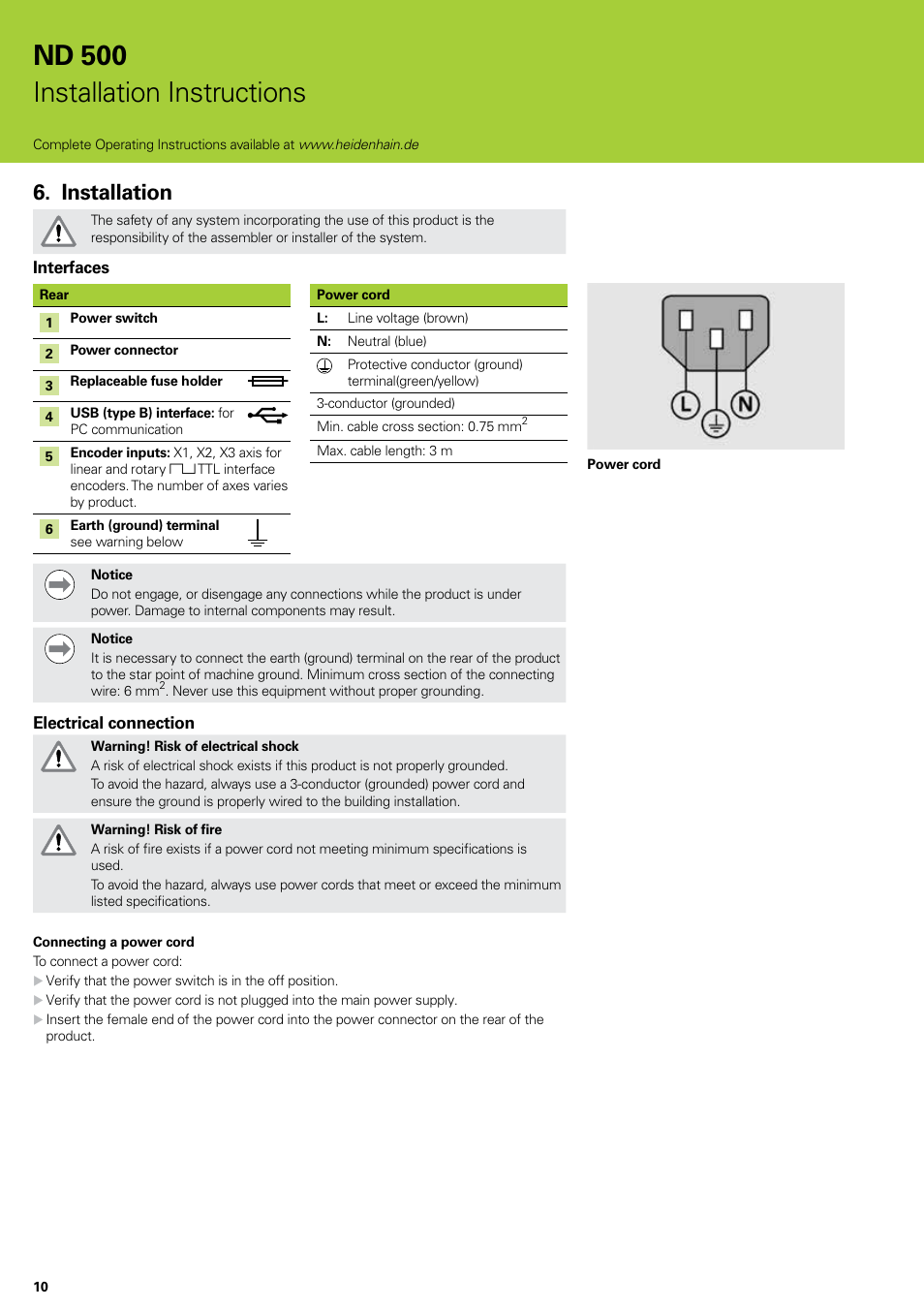 Installation, Nd 500 installation instructions | HEIDENHAIN ND 522 Installation User Manual | Page 10 / 112