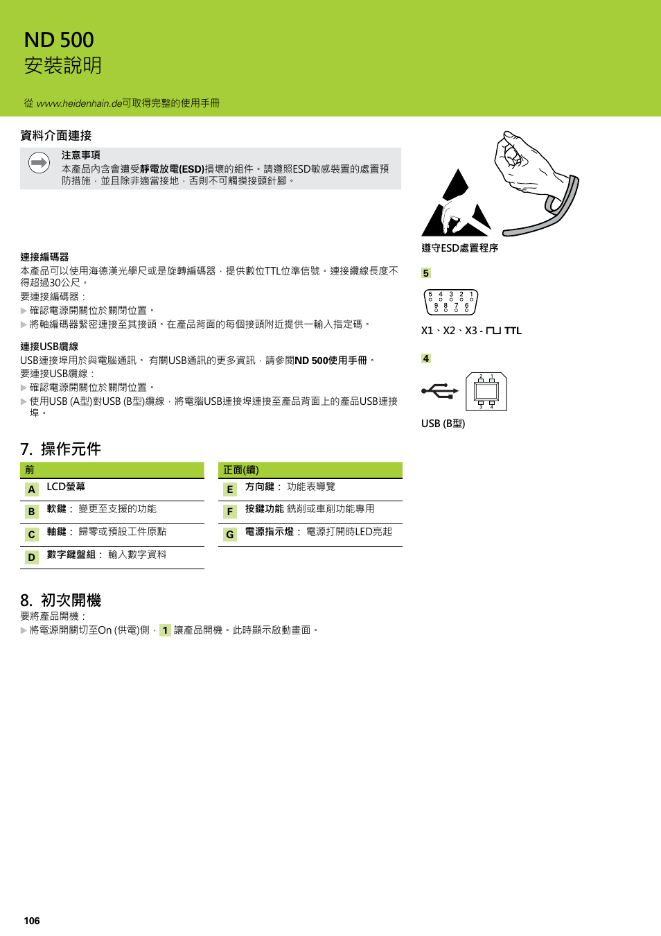 操作元件, 初次開機, 操作元件 初次開機 | Nd 500 安裝說明 | HEIDENHAIN ND 522 Installation User Manual | Page 106 / 112