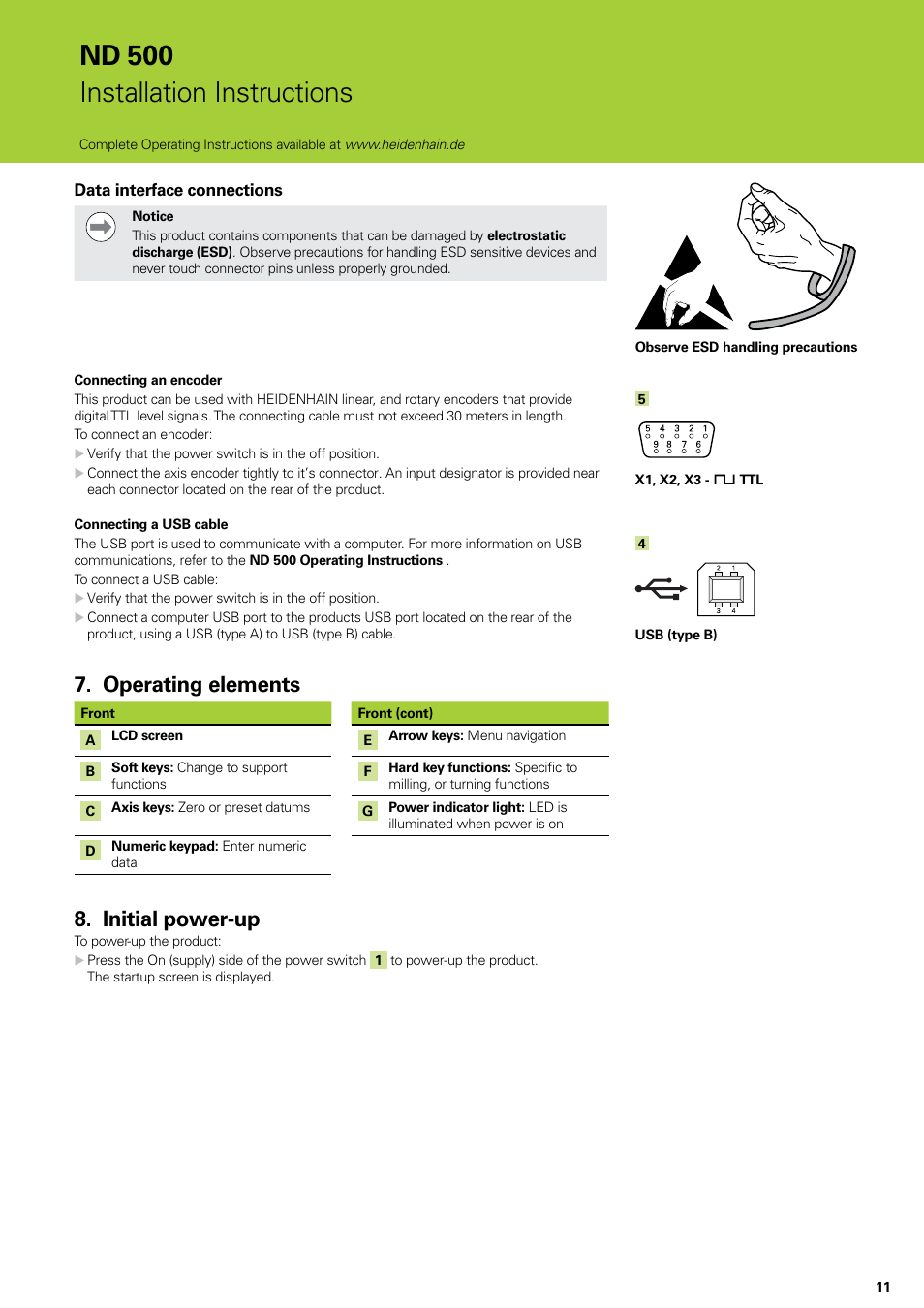 Operating elements, Initial power-up, Operating elements initial power-up | Nd 500 installation instructions | HEIDENHAIN ND 522 Installation User Manual | Page 11 / 112