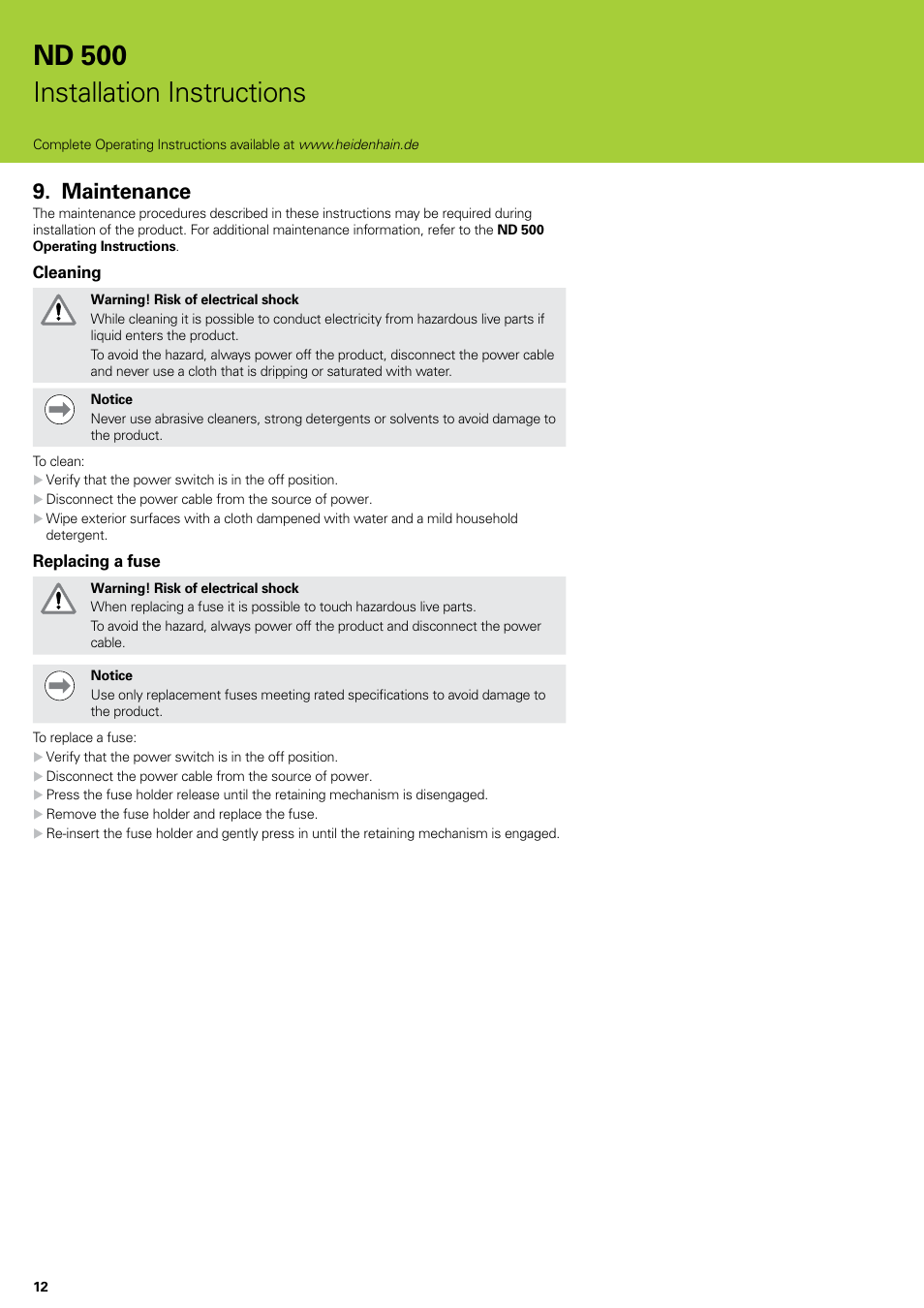 Maintenance, Nd 500 installation instructions | HEIDENHAIN ND 522 Installation User Manual | Page 12 / 112