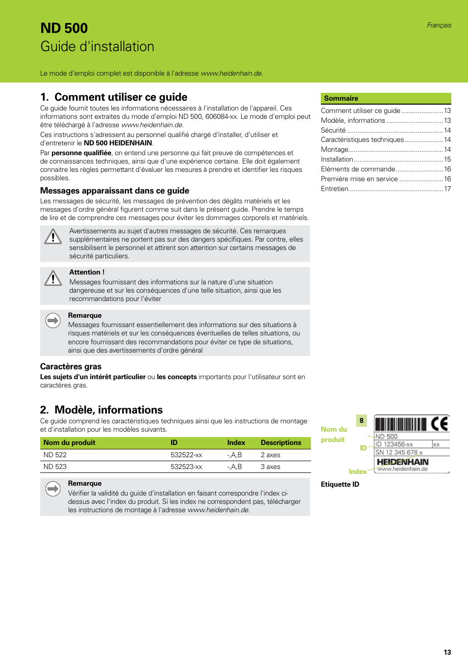 Guide d'installation, Français, Comment utiliser ce guide | Modèle, informations, Nd 500 guide d'installation | HEIDENHAIN ND 522 Installation User Manual | Page 13 / 112